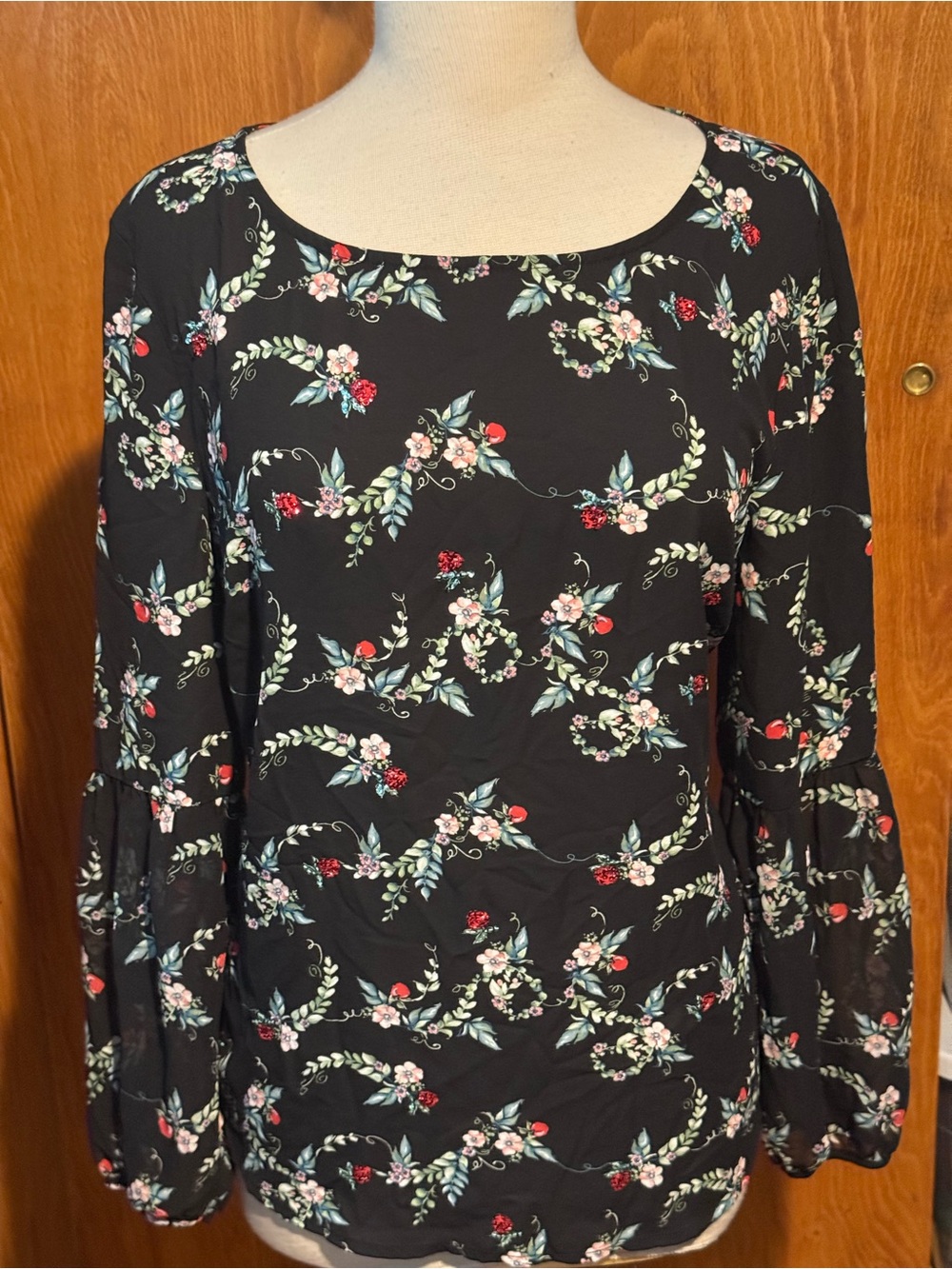 Disney Black Floral Scoop-Neck Blouse with Pink and Red Sparkling Apple Accents